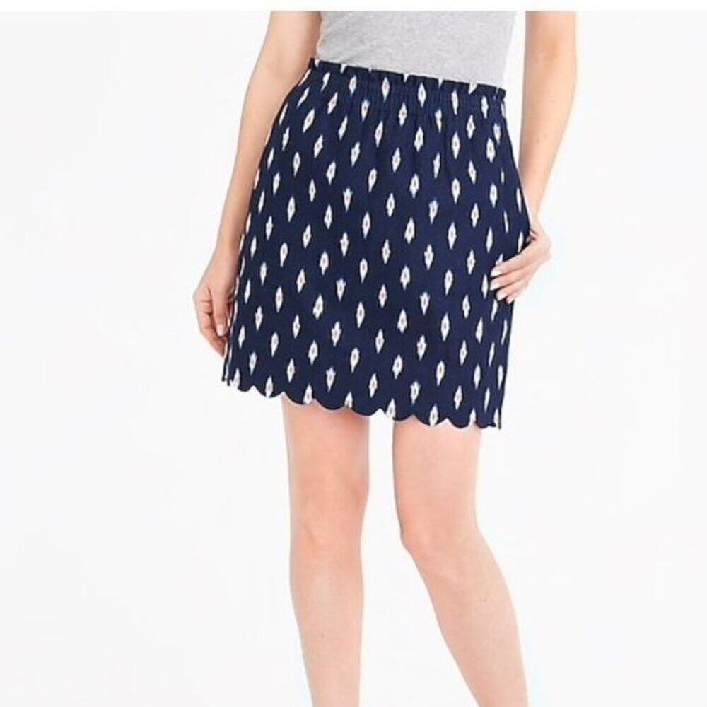 J.Crew Navy Ikat Print Mini Skirt Scalloped Hem Linen Cotton Size 8
